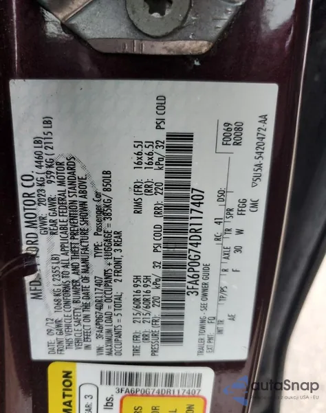 2013 Ford Fusion S z USA, uszkodzony, nr VIN 3FA6P0G74DR117407